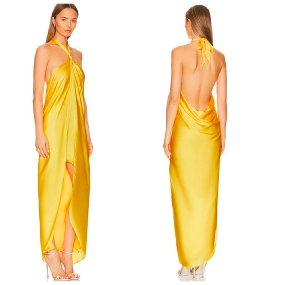 Baobab Collection Yellow Satin Backless Halter Maxi